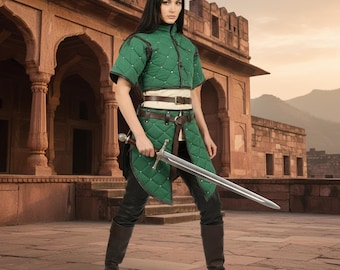 Gambeson medievale femminile in cotone – Costume imbottito con finiture in pelle per RenFaire