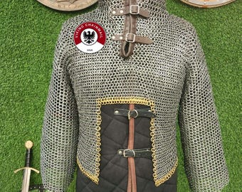 Cotte De Mailles Médiévale Haubert Manches Longues – XL 152 Cm – Anneaux Plats 9 Mm Semi-rivetés – Reconstitution LARP