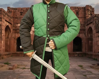 Gambeson medievale imbottito spesso – Giacca armatura LARP verde/nera