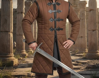 Medieval Cotton Gambeson with Black Leather Trim – Padded LARP & Reenactment