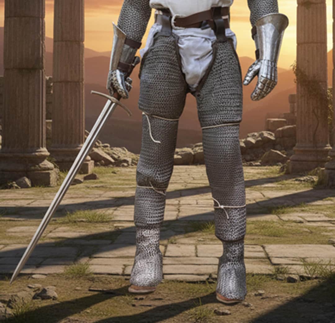 Mild Steel Chainmail Chausses – 8mm Riveted Leg Armor, Leather Shoes ...