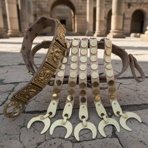 May include: A Roman-style leather belt and armor with gold-colored metal accents. The belt features intricate embossed designs and a buckle. The armor has multiple straps with circular studs and crescent-shaped attachments.