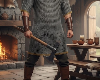 9mm Flat Ring Riveted Chainmail Shirt: Mild Steel Armor with Brass Trim