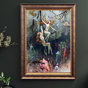 Lámina artística de Ninfas Marinas: Ilustración submarina mítica, póster de fantasía oceánica, decoración de pared de sirenas de inspiración vintage