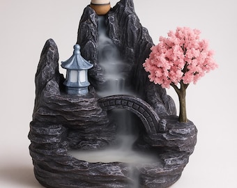 Backflow Incense Burner Zen Cascade – Mountain and Cherry Blossom Tree for Meditation, Yoga, Wellness & Feng Shui Decor