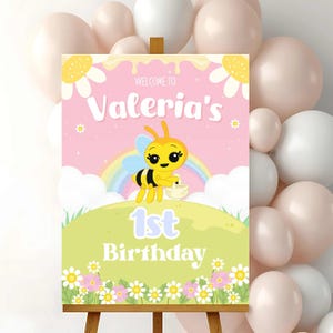 Placa de boas-vindas de aniversário de abelhinha, decoração de aniversário de abelhinha, primeiro aniversário de menina, arquivo digital para impressão, quadro de boas-vindas