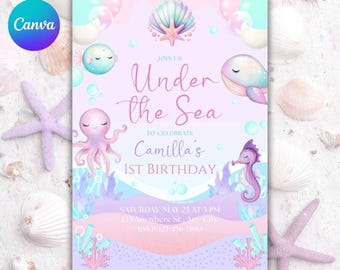 Under The Sea Birthday Invitation Template, Editable Ocean Birthday Invite, Mermaid Party Invitation, Sea Birthday Invite, First Birthday