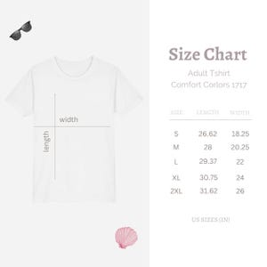 May include: A white adult t-shirt with a size chart. The chart shows measurements in inches for sizes S to 2XL. The text on the chart reads "Size Chart Adult Tshirt Comfort Corlors 1717".