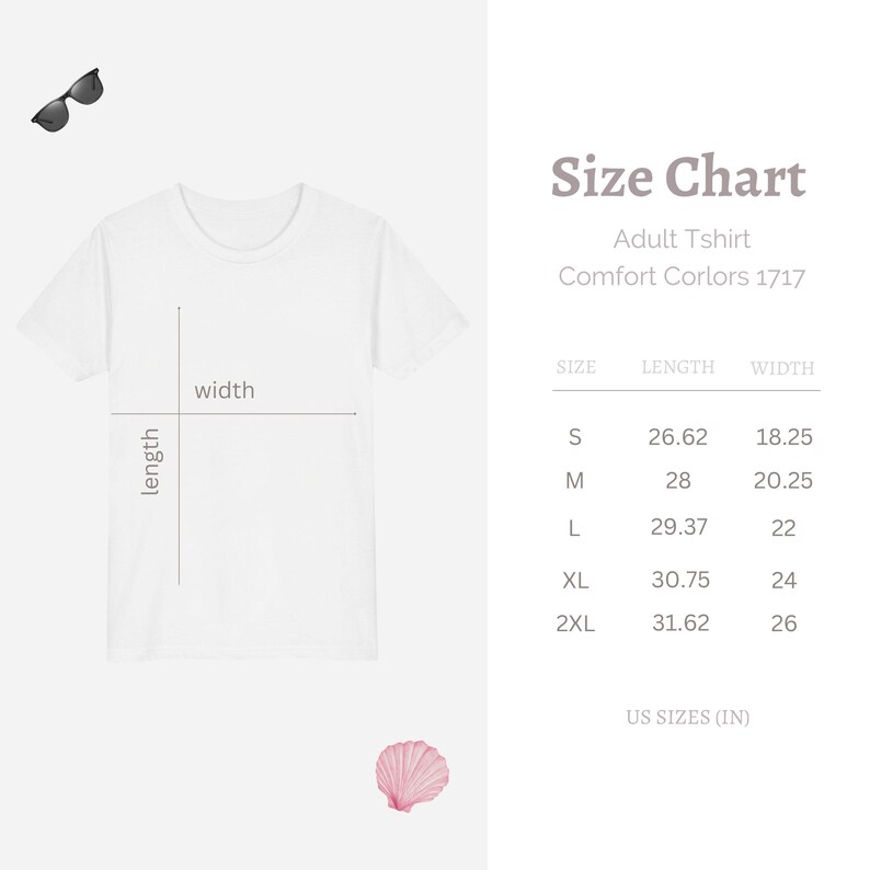 May include: A white adult t-shirt with a size chart. The chart shows measurements in inches for sizes S to 2XL. The text on the chart reads "Size Chart Adult Tshirt Comfort Corlors 1717".