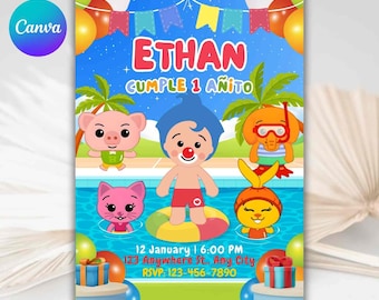 Plim Plim Pool Party invitation, printable template, birthday printable, plim plim invitation template, kids birthday invite, pool party