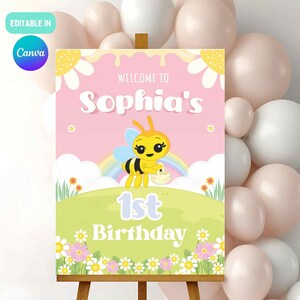 Abejita chiquitita birthday welcome sign template, bee birthday decoration, girls first birthday, Printable digital file, welcome board
