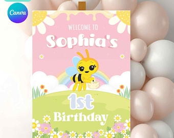 Tiny bee birthday welcome sign template, bee birthday decoration, girls first birthday, Printable digital file, welcome board