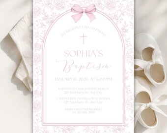 Pink Toile de Jouy Baptism/Christening Invitation Template, Instant Download, Printable Template, Baptism Invitation, Pink Baptism Template