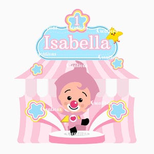 May include: A pink and white circus-themed illustration featuring a cartoon clown named Isabella. The design includes a banner with the name "Isabella" and the number "1", along with a yellow bird and star-shaped accents.