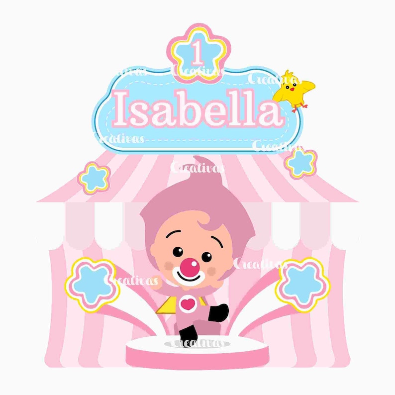 May include: A pink and white circus-themed illustration featuring a cartoon clown named Isabella. The design includes a banner with the name "Isabella" and the number "1", along with a yellow bird and star-shaped accents.