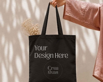 Mockup de sacola de lona de algodão, OAD113 Liberty Bags, preta, sacola de compras para o dia a dia, ideal para vendedores de impressão sob demanda, JPG de alta resolução, download instantâneo.