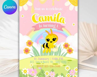 Little bee invitation, bee birthday, girl's first birthday, printable invitation, invitation template, kids birthday invite
