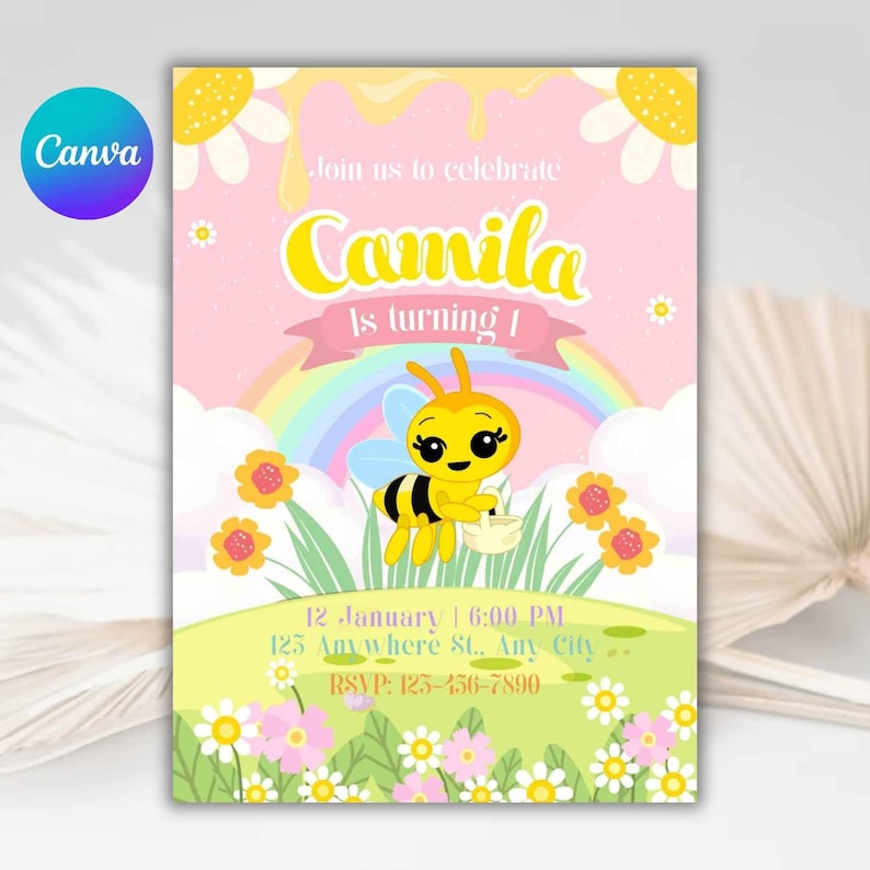 Little bee invitation, bee birthday, girl's first birthday, printable invitation, invitation template, kids birthday invite image 1