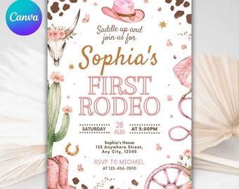 First Rodeo Birthday Invitation Template, Editable My 1st Rodeo Cowgirl Birthday Invite, Girl Rodeo Birthday Invitation, Canva Template
