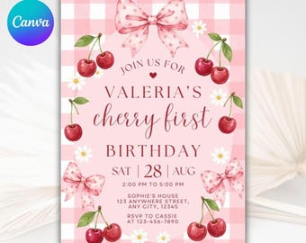 Cherry First Birthday Invitation Template, Cherry 1st Birthday Invite, Bow Cherry Birthday Invite, Cherry Birthday Invite, Canva Template