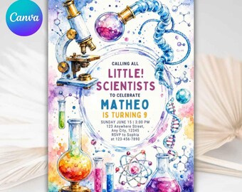 Editable Mad Science Experiment Birthday Invitation, Watercolor Science Experiment Invitation, Science Party, Science Party, Canva Template
