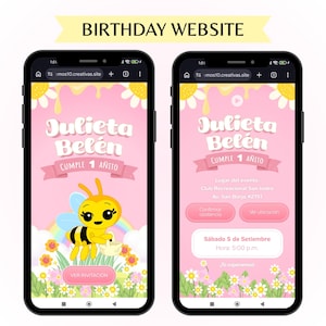May include: Two smartphones displaying a pink birthday website for Julieta Belén. The screen features a cartoon bee, daisies, a rainbow, and text including 'Cumple 1 Añito', event location, and date details in a soft, pastel-themed digital interface.