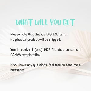 Pu&ograve; includere: Annuncio di un articolo digitale con il testo "WHAT WILL YOU GET" in azzurro. Il testo spiega che l'acquisto &egrave; un articolo digitale e verr&agrave; fornito un file PDF con un link al modello Canva. Lo sfondo &egrave; bianco con un elemento floreale sfocato di colore chiaro.
