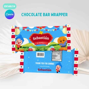 May include: A colorful chocolate bar wrapper with a circus theme. The wrapper features the text "CHOCOLATE BAR WRAPPER" and "Sebasti&aacute;n is turnig 1". It includes cartoon characters, balloons, and the text "THANK YOU FOR COMING! Love & Kisses, Sebasti&aacute;n".