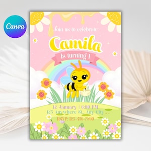 Little Bee Invitation, Bee Birthday, Girls First Birthday, Printable Invitation, Invitation Template, Kids Birthday Invite