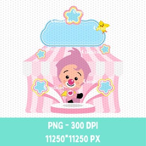 May include: A digital illustration of a circus-themed design featuring a cartoon clown character in a pink and white striped tent. The design includes a blue cloud-shaped banner, stars, and the text "PNG - 300 DPI 11250*11250 PX".