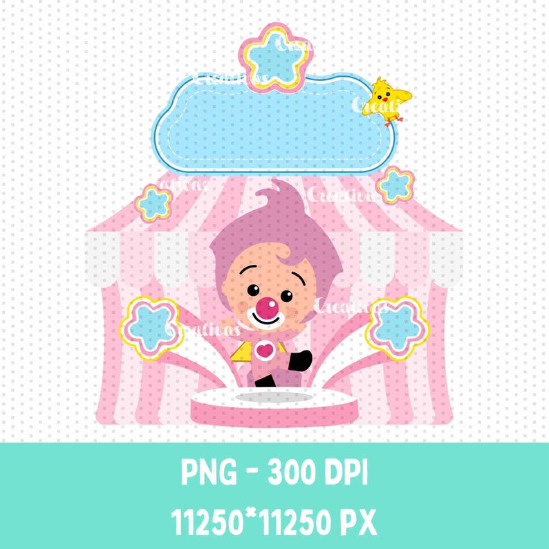 May include: A digital illustration of a circus-themed design featuring a cartoon clown character in a pink and white striped tent. The design includes a blue cloud-shaped banner, stars, and the text "PNG - 300 DPI 11250*11250 PX".