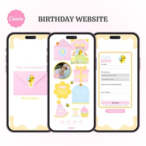 May include: Three smartphones displaying a digital birthday website template with a bee theme. The screens feature pink envelopes, a photo of a child, gift icons, a cupcake, and RSVP forms with text including You are invited, Wishlist, and RSVP.
