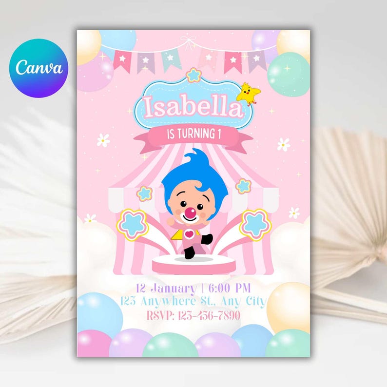 Plim Plim Pink Invitation, printable template, birthday printable, invitation template, kids birthday invite, girls first birthday image 1