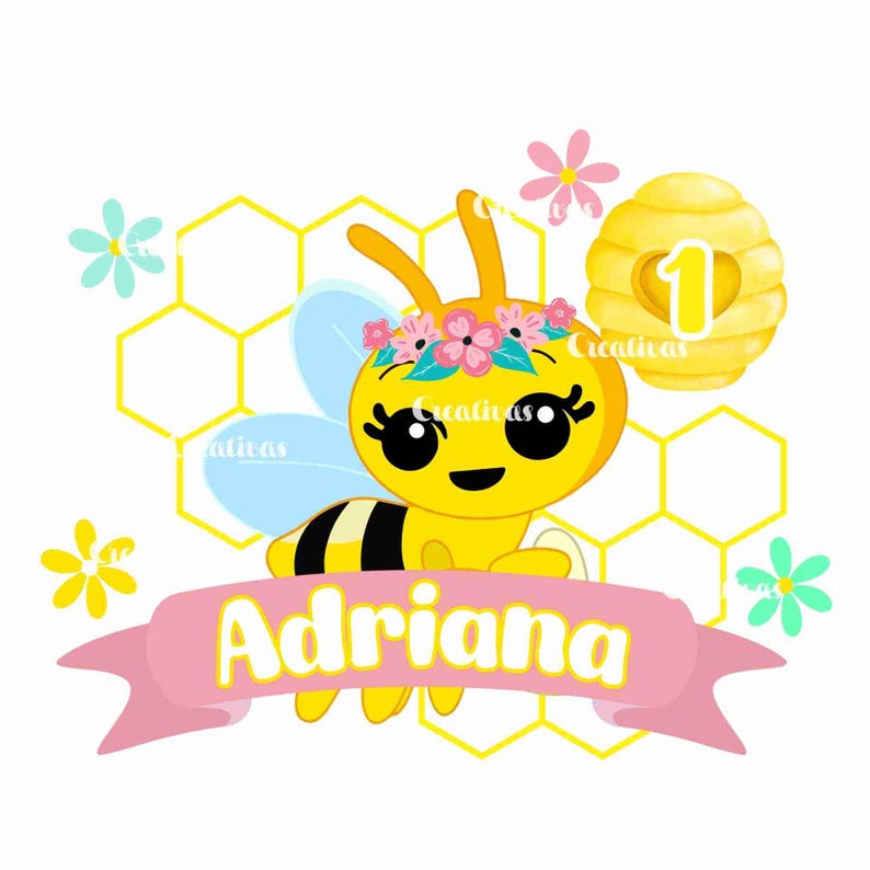 May include: A cute cartoon bee with a yellow body, black stripes, and blue wings. The bee is wearing a pink flower crown and has a big smile. The bee is sitting on a honeycomb background with a pink banner that says "Adriana".