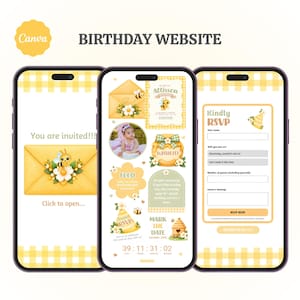Abejita Chiquitita Birthday Website Invitation, Bee Birthday, Girl 1st Bday Invite with RSVP and Wishlist, Editable Canva Girl Party Website