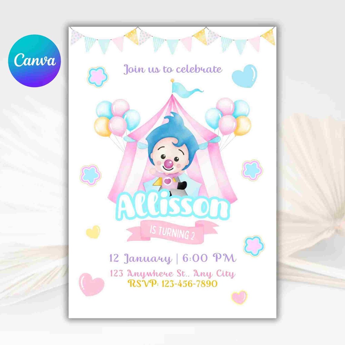 Plim Plim Pink Invitation, Printable Invitation Template, Birthday