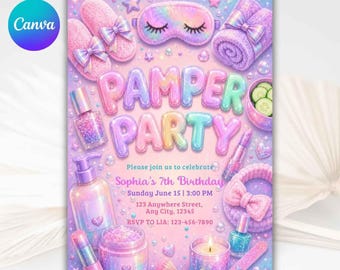Pamper Party Birthday Invitation, Spa Sleepover Girls Invitation, Pastel Glitter Spa Birthday, Printable Pink Party, Pamper Canva Template