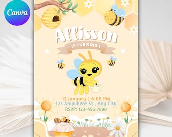 Little bee invitation, bee birthday, girl's first birthday, printable invitation, invitation template, kids birthday invite