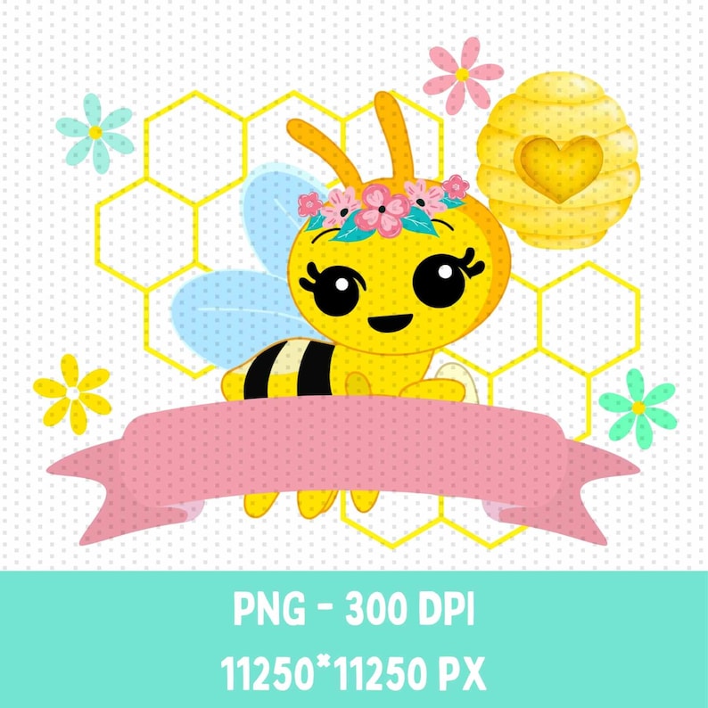 May include: A cute cartoon bee with a yellow body, black stripes, and blue wings. The bee is wearing a flower crown and is holding a pink banner with white polka dots. The bee is sitting on a honeycomb background with yellow and white polka dots.