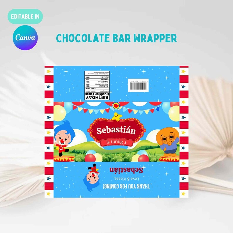 May include: A blue chocolate bar wrapper with the text "CHOCOLATE BAR WRAPPER". The wrapper features cartoon characters, balloons, and the name "Sebasti&aacute;n" with "is turnig 1". The design includes red, yellow, and white accents.