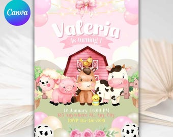Pink Farm Birthday Invitation, Farm Animals Birthday Invite, Girl Barnyard Birthday, Girl Farm, Floral Barnyard Animals, Editable Canva