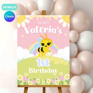 Abejita chiquitita birthday welcome sign template, bee birthday decoration, girls first birthday, Printable digital file, welcome board