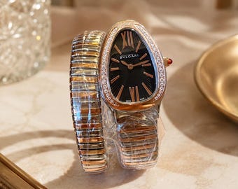 Reloj de pulsera con forma de serpiente, reloj de pulsera con cristales de oro rosa