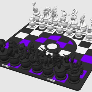 May include: A black and white Pokemon chess set with a purple Pokeball design on the board. The pieces are arranged on a black and white chequered board.