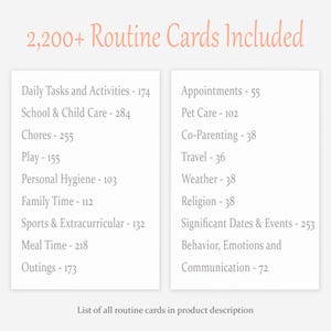 May include: A white graphic with the text "2,200+ Routine Cards Included" in a peach color. The graphic lists categories like "Daily Tasks and Activities," "School & Child Care," and "Appointments." The text "List of all routine cards in product description" is at the bottom.