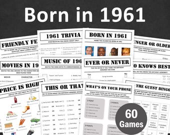 65th Birthday Games Bundle 65th Birthday Party Games 1961 Trivia Born in 1961 65 Year Old Men Women Him Her Quiz EDITABLE Instant Digital
