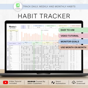 May include: A laptop screen displaying a digital habit tracker. The tracker includes sections for daily, weekly, and monthly habits, with check boxes and progress bars. Text on the screen reads "Habit Tracker," "Easy to Use," and "Video Tutorial Included."