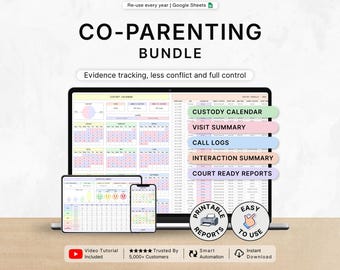 Co-ouderschapsplanner, Co-ouderschapstracker, Voogdijkalender, Bezoekschema, Documentatie voor de rechtbank, Sjabloon voor situaties met veel conflicten, Google Sheets