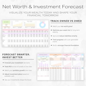 May include: A financial planning document titled "Net Worth & Investment Forecast." The document includes charts, graphs, and data tables. Text highlights features like tracking net worth, optimising asset mix, and forecasting investment decisions. The document aims to help visualise wealth and shape financial futures.