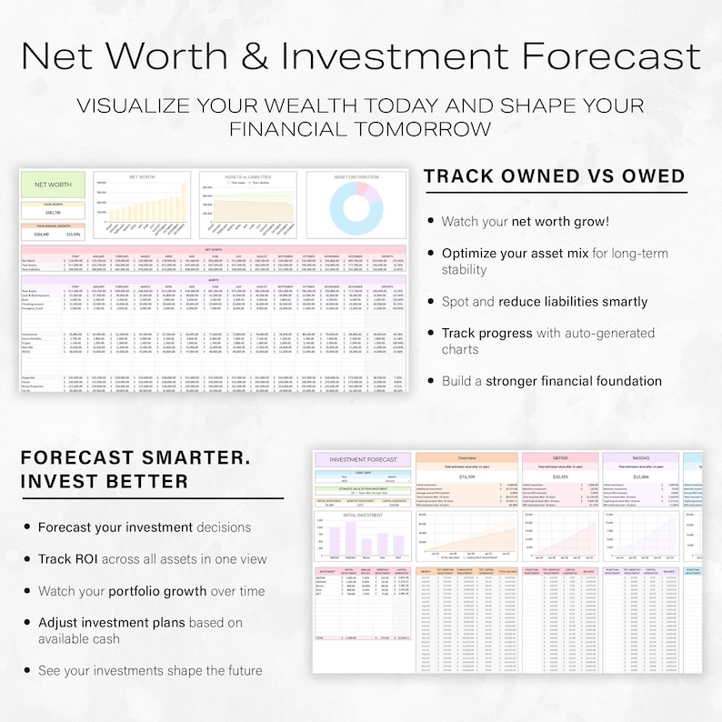 May include: A financial planning document titled "Net Worth & Investment Forecast." The document includes charts, graphs, and data tables. Text highlights features like tracking net worth, optimising asset mix, and forecasting investment decisions. The document aims to help visualise wealth and shape financial futures.